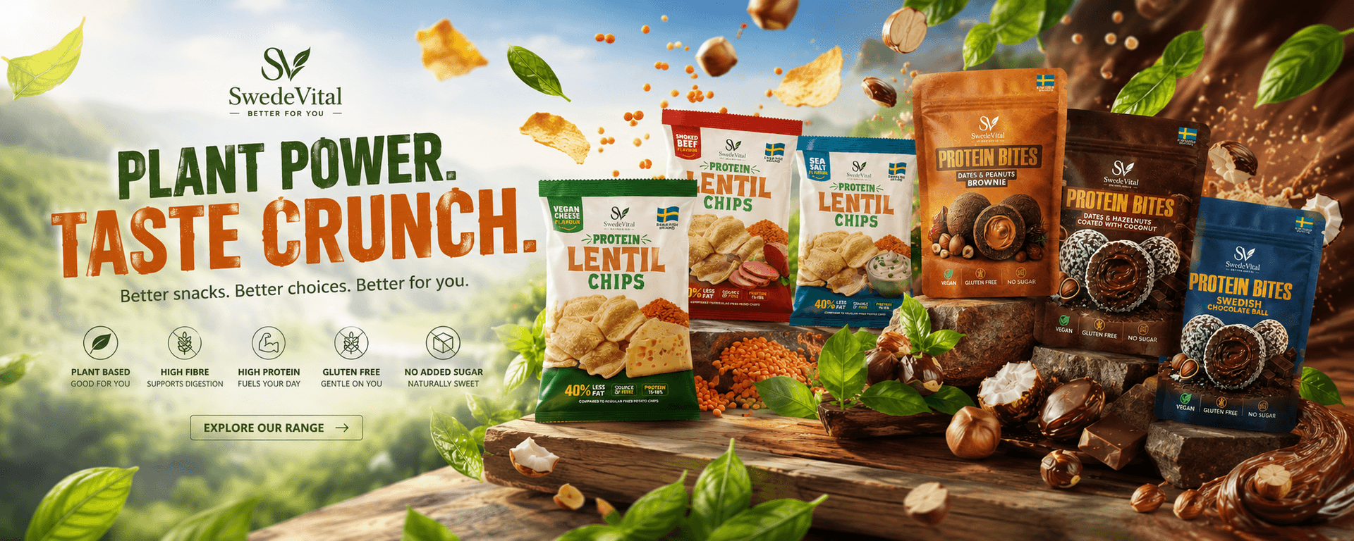 SwedeVital plant-based protein snack range — lentil chips & protein bites