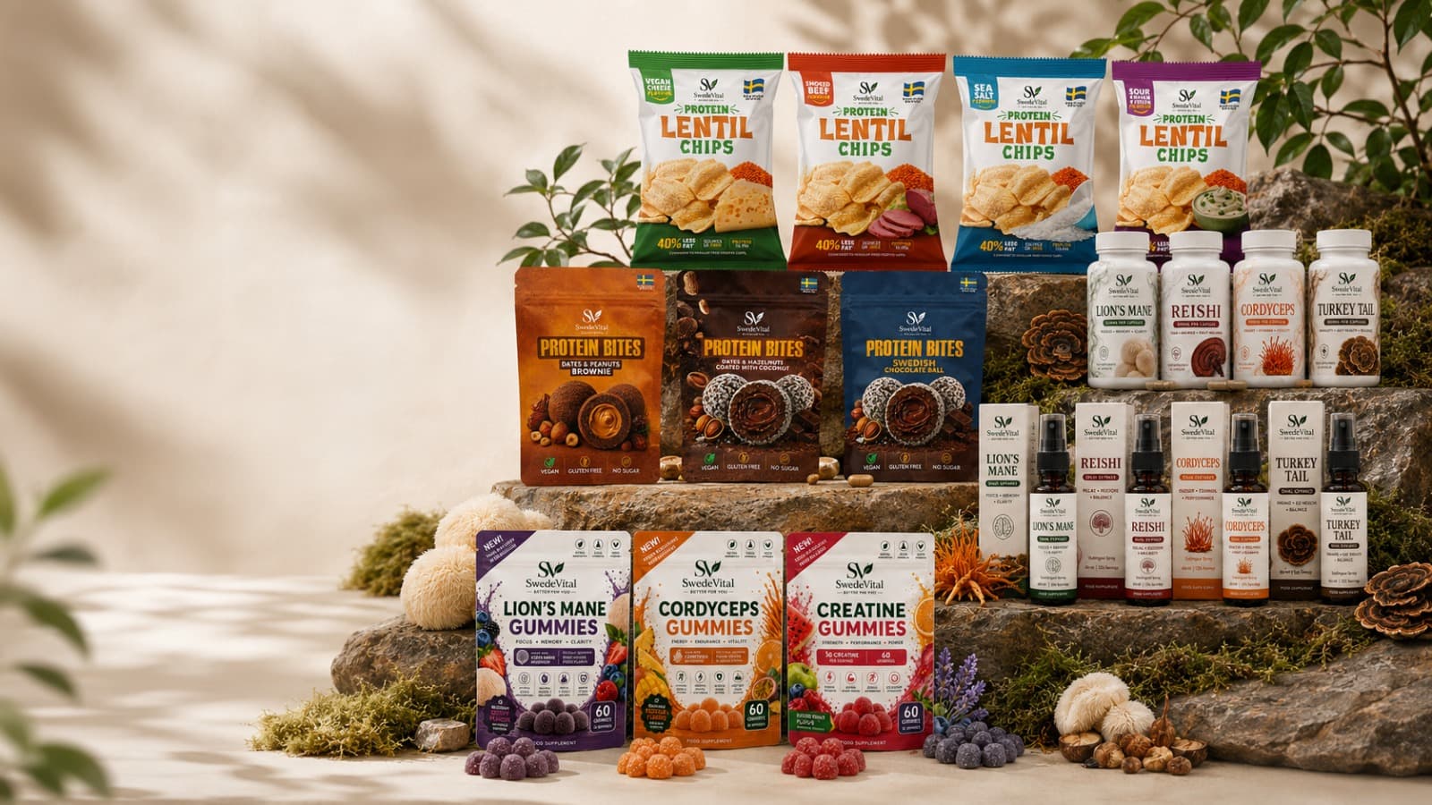 The complete SwedeVital range: protein lentil chips, protein bites, functional mushroom capsules, sprays and gummies